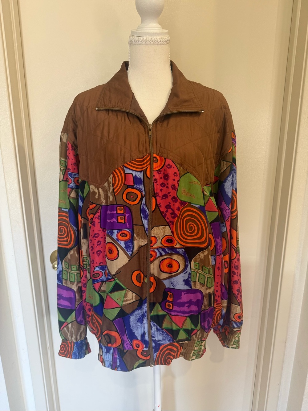 Oleg Cassini Multicolor Abstract Bomber Jacket with Brown Yoke